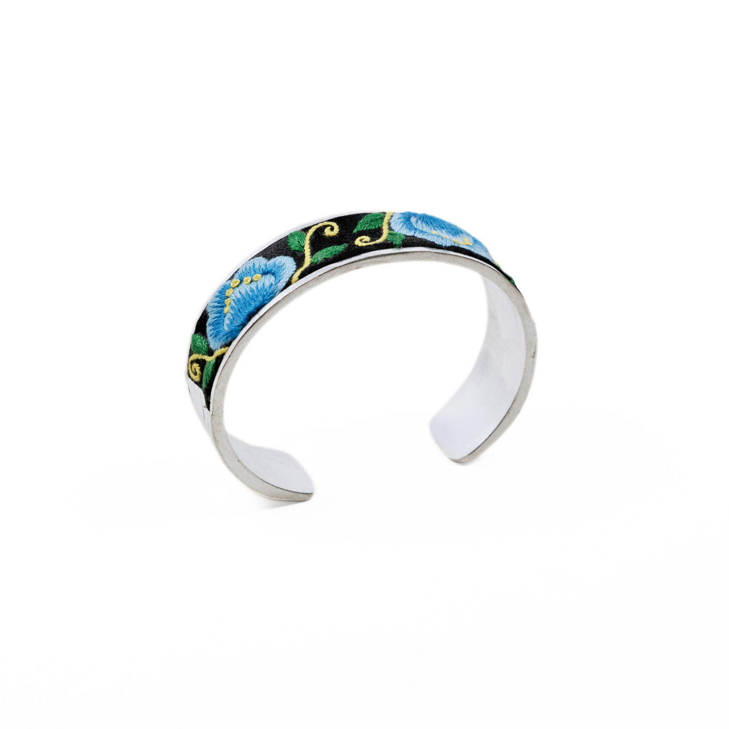 Qonga Still Bloom · Qiang Embroidery Silver Cuff –  Hand-Stitched Blue Floral Bracelet