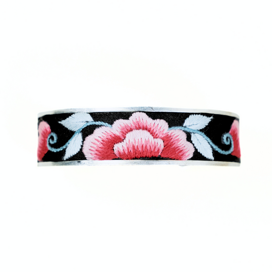 Qonga Royal Bloom – Qiang Embroidery Silver Cuff with Peony Motif