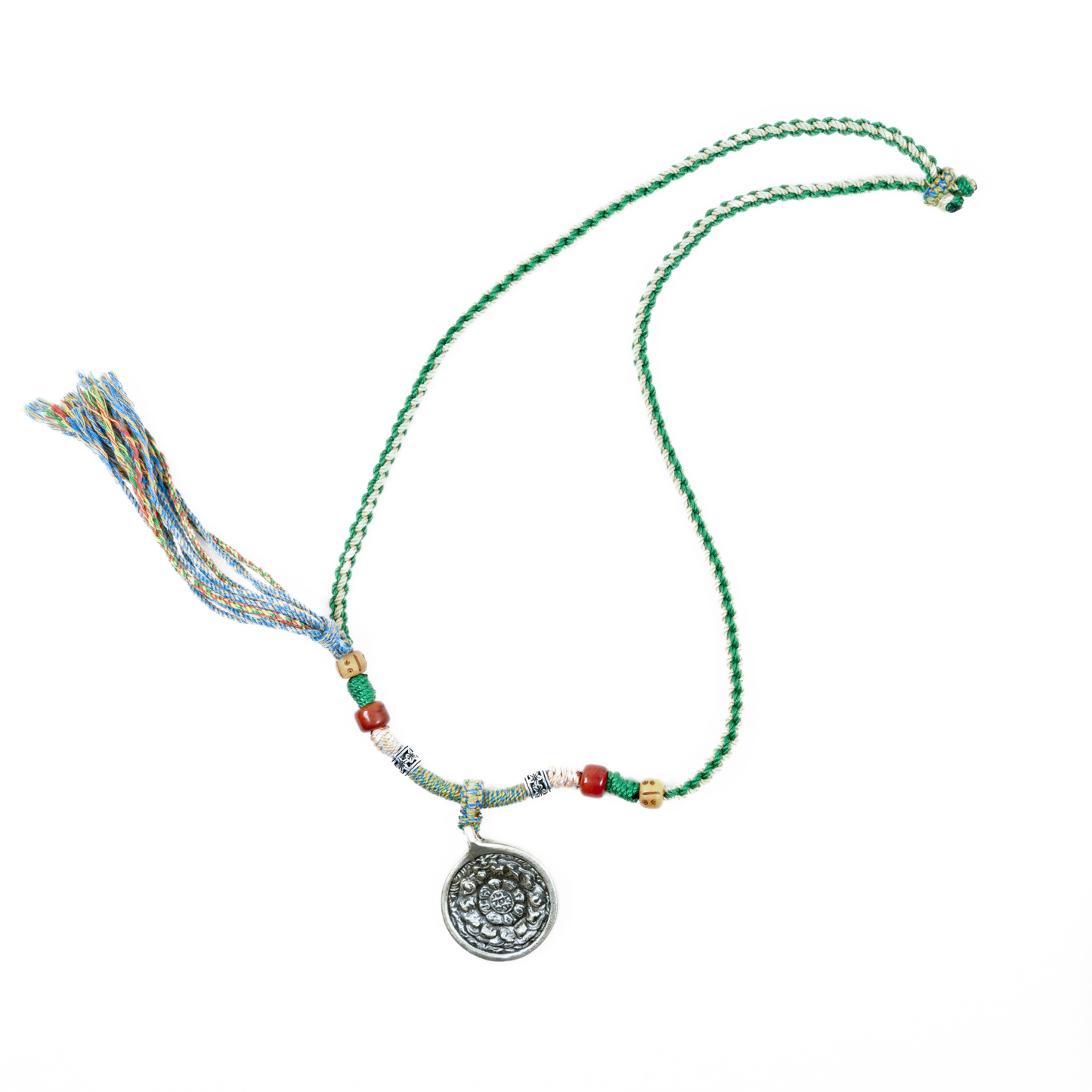 金刚杵九宫牌Tibetan Nine-Palace Guardian Necklace – Handwoven Cotton Cord with Double-Sided Brass Amulet