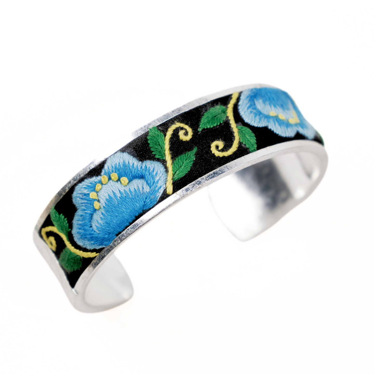 云起澜花Still Bloom · Qiang Embroidery Silver Cuff –  Hand-Stitched Blue Floral Bracelet