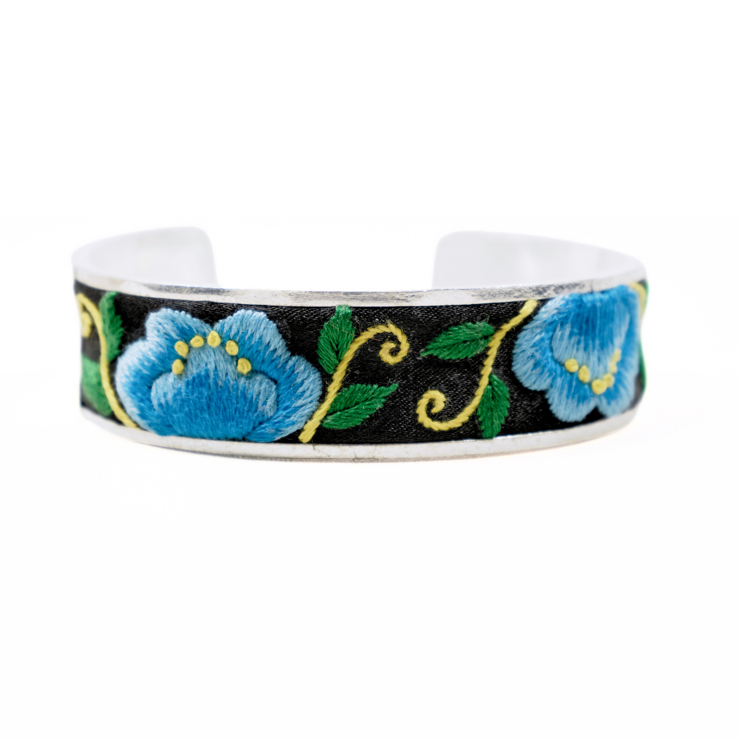 云起澜花Still Bloom · Qiang Embroidery Silver Cuff –  Hand-Stitched Blue Floral Bracelet