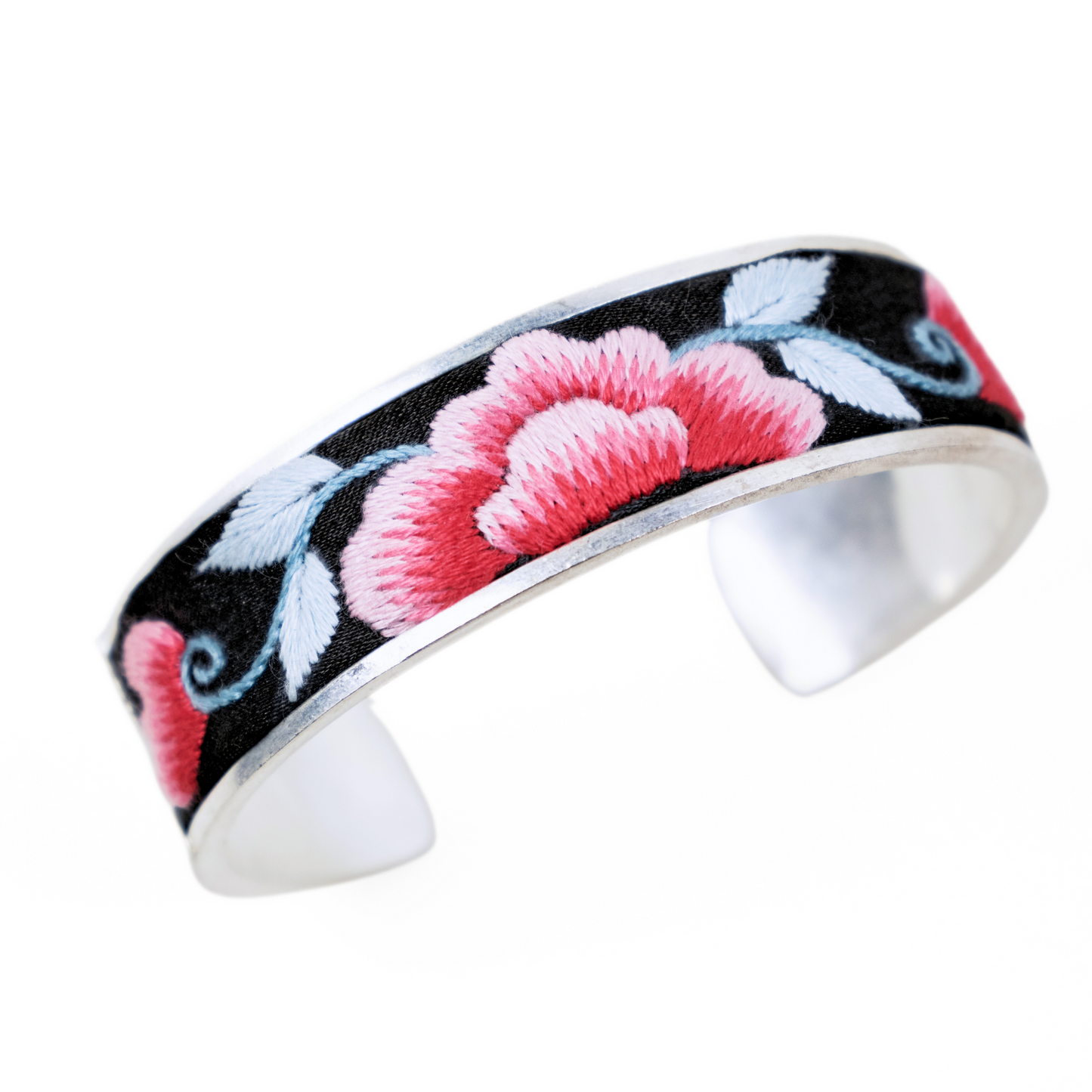 盛世牡丹 Royal Bloom  – Qiang Embroidery Silver Cuff with Peony Motif