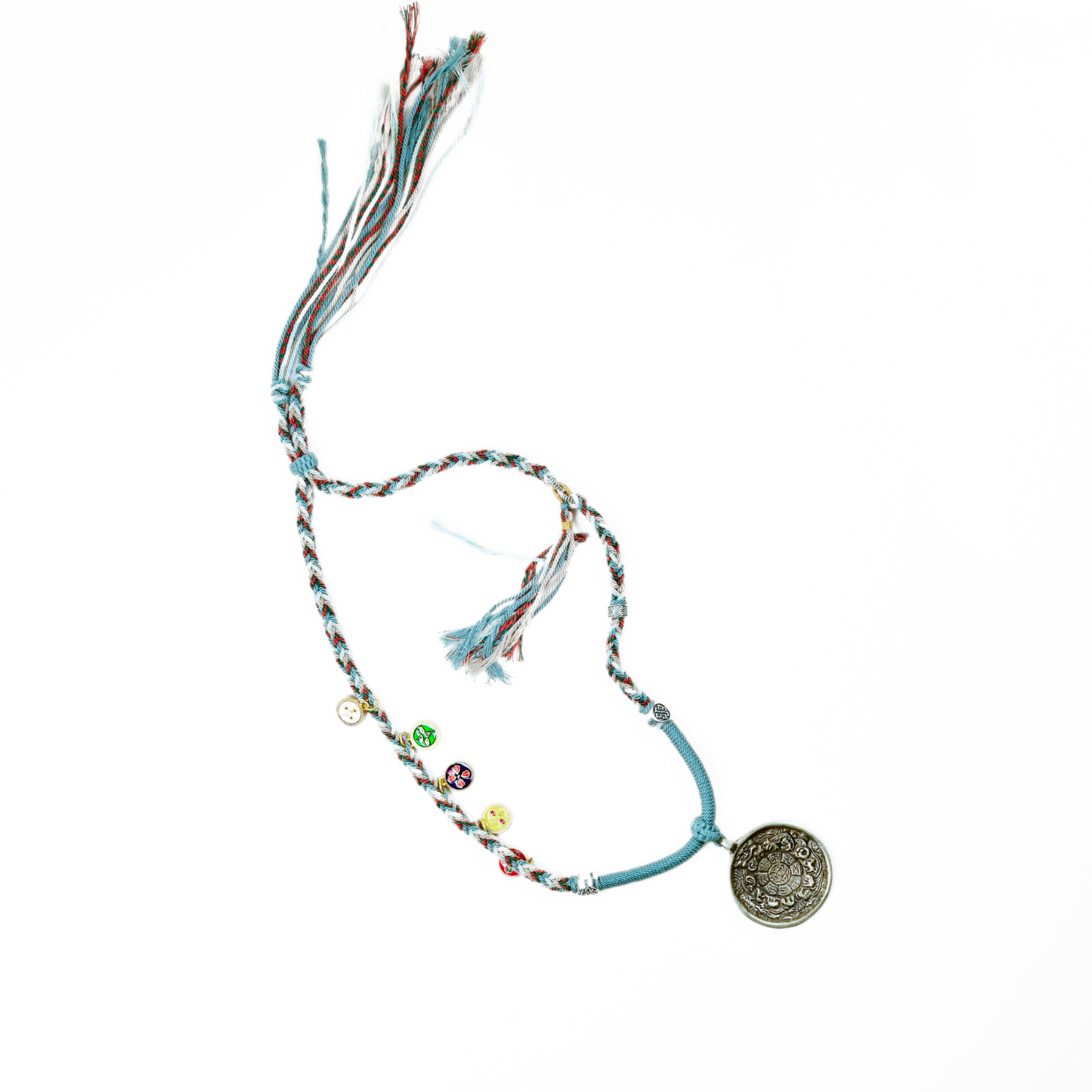 九宫牌财神Tibetan Nine-Palace Fortune Amulet – Cotton Cord Necklace with Brass Wealth Guardian